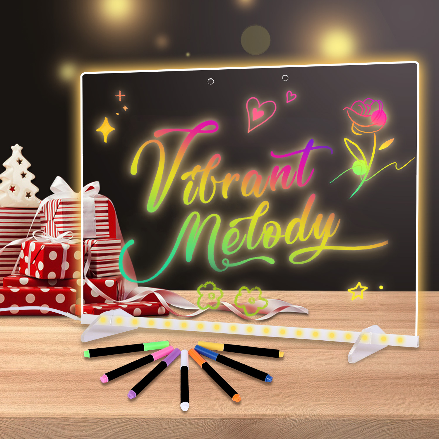Acrylic Dry Erase Board 6-Color Neon Glow LED Touch Control Night Light Memo Note Stand 7 Markers-for Home Festival